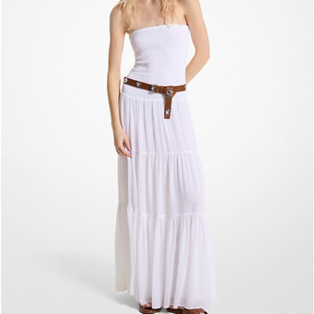 WHITE Tiered Smocked Georgette Maxi Dress NWT MICHAEL KORS